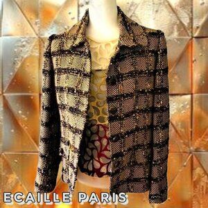 ECAILLE Paris Brown Overcheck Herringbone Tweed Woven with Lurex Jacket Sz 10